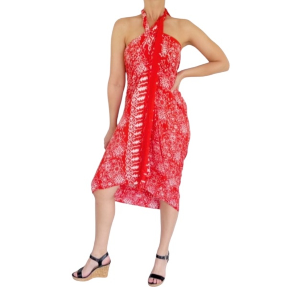 Red and white floral tribal print beaded fringe trim beach coverup sarong wrap